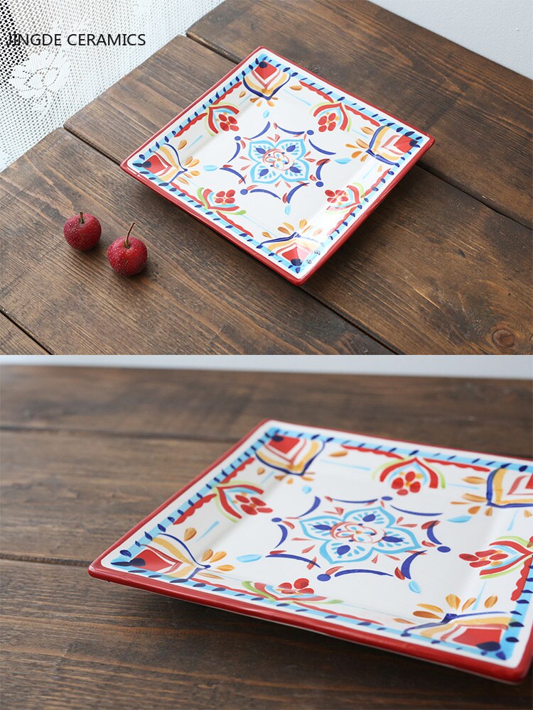 Square hand painted flower ceramic plate fruit salad plate dessert steak japanese cuisine kitchen storage decorative tableware