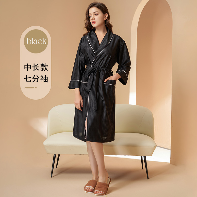 2023 Cool Satijnen Zijden Badjas Voor Heren Dames Lente Zomer Mooie Streep Kamerjas Huiskleding: M / Beige