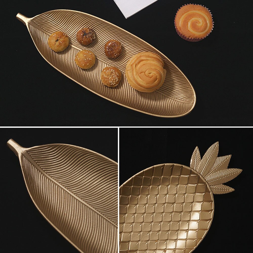 Plateau décoratif nordique doré en forme de feuille d&#39;ananas, plateau de service, palette de bijoux, plateau de collation aux fruits, organisateur de rangement de décoration de Table