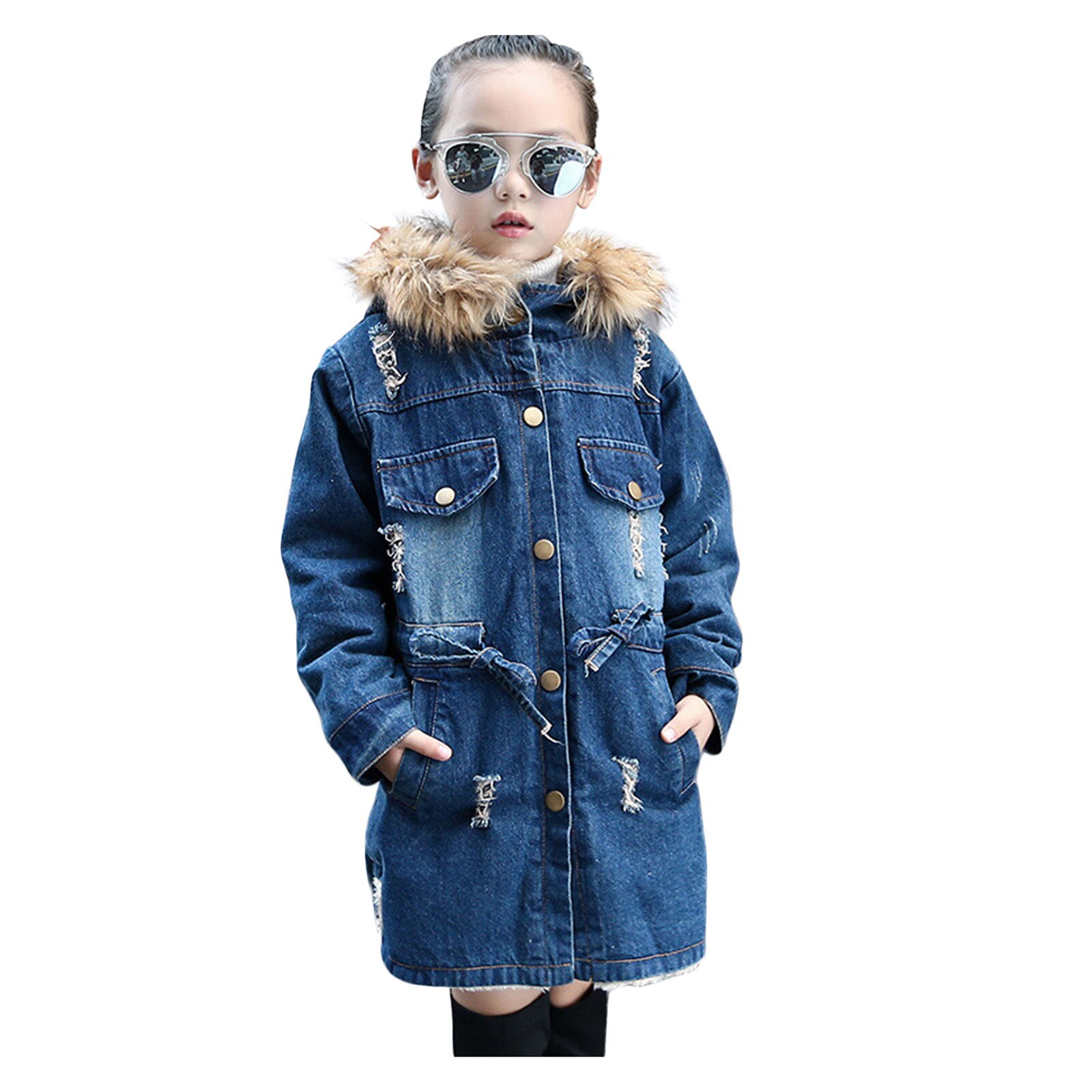 Children Winter Cotton Jacket Toddler Kids Baby Girls Hooded Wool Collar Warm Girdle Denim Coat Jacket Outwear зимняя куртка: 7-8 Years