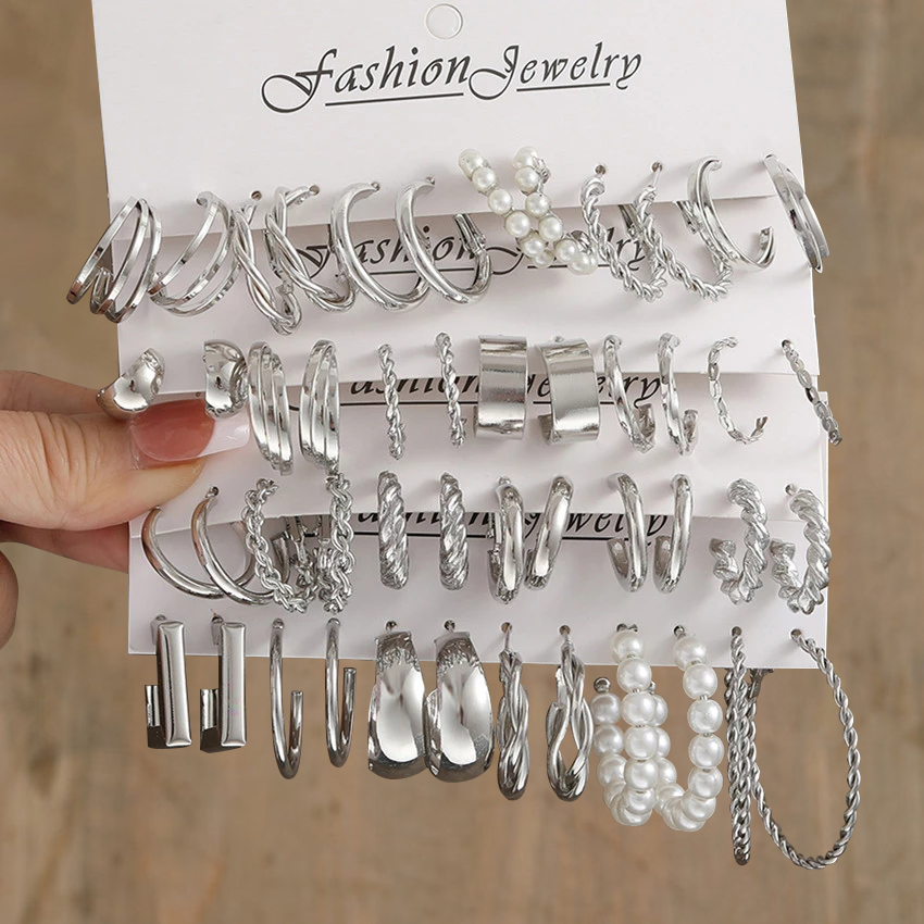 Silver Color Pearl Twist Hoop Earrings Set For Women Jewelry pendientes Vintage Circle Geometric Dangle Earrings Trendy