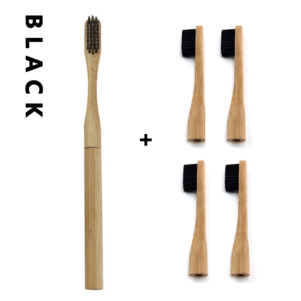 Bamboo Toothbrush with Plug-in Replacement Brush Heads Change Head ToothBush Teeth Care Cleaning Brushes for Travel Living Bath: 1pc Black 4 Head