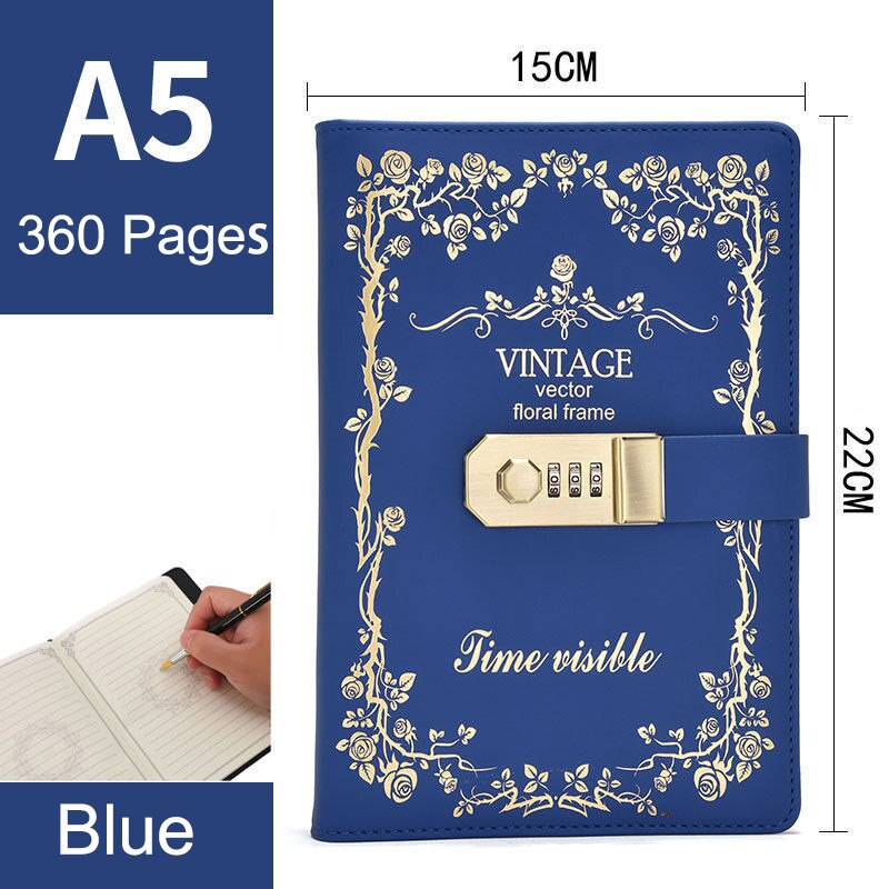 Password Lock Notebook A5 360 Pages Diary Notebook B6 300 Page Students Secretly Keep Notebook Diary Hand Ledger: A5 Blue