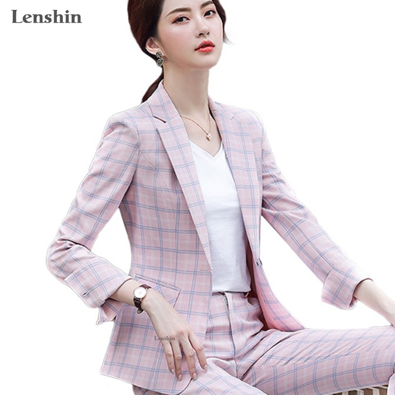 Lenshin 2 Piece Set Plaid Formal Pant Suit Blazer Office Lady Designs Women Soft Jacket and Ankle-Length Pant