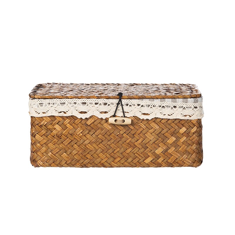 Woven Seagrass Storage Basket with Lid Rattan Wicker Box Rectangular Basket for Desktop Sundaries Sorting Jewelry Organizer: deep yellow / XL-36x24x18CM