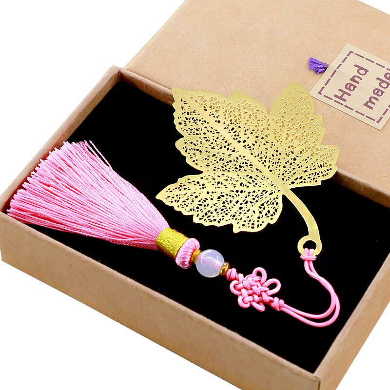 Retro Metal Brass Maple Leaf Chinese Knot Tassel Bookmark Student School Stationery for Children Papelaria