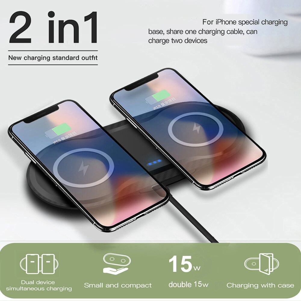 30W Dual Wireless Charger - 2-in-1 Fast Charging Dock for iPhone 12-8, Samsung S20-S9 - Dual 15W Pad