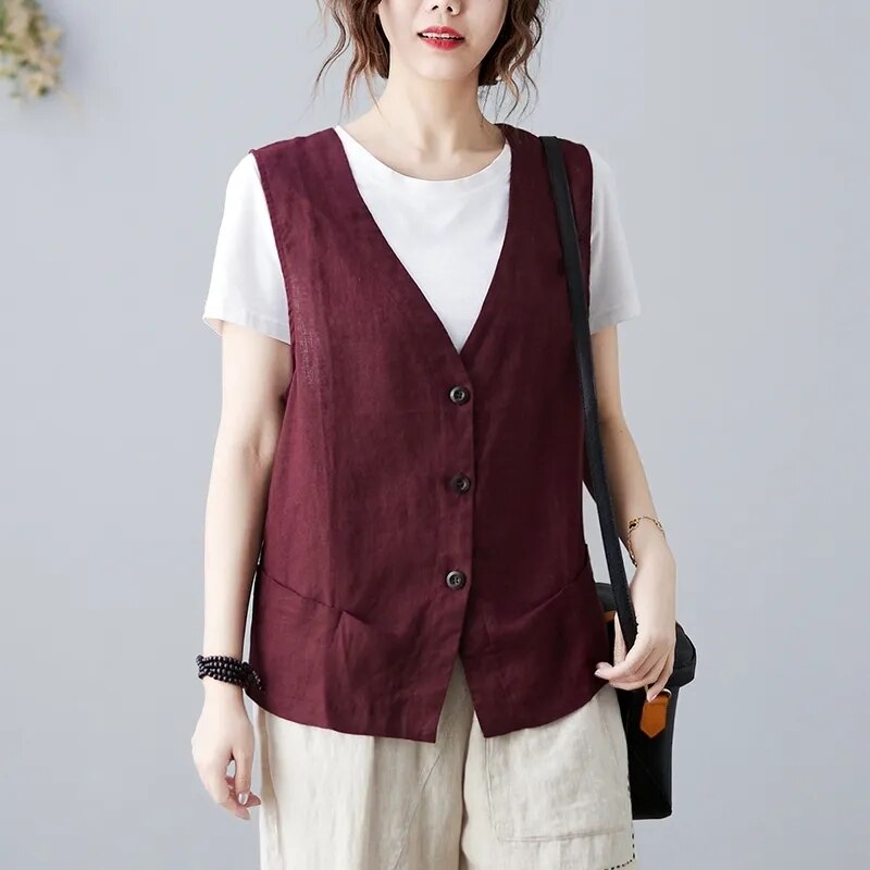 Cotton Linen No-Collar Vest IWY0004