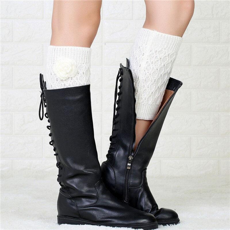 Handgemaakte Bloemen In Buis Voet Cover Gebreide Warm Boot Cover Dames Herfst En Winter Wollen Garen Beenwarmers Sokken effen: WHITE