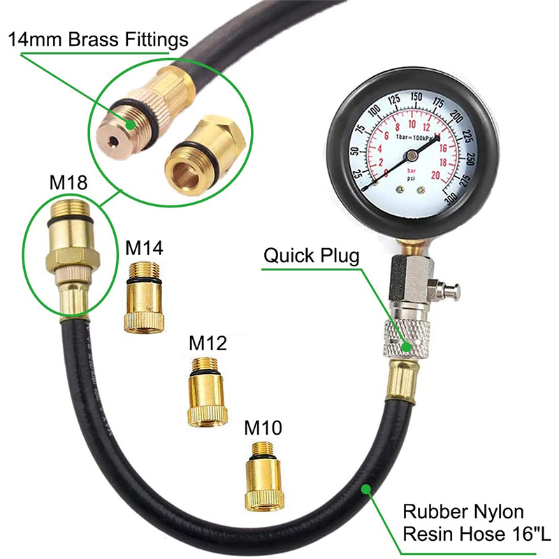 Gasoline Engine Compression Tester Auto Petrol Gas Engine Cylinder Automobile Pressure Gauge Tester Automotive Test Kit 0-300psi