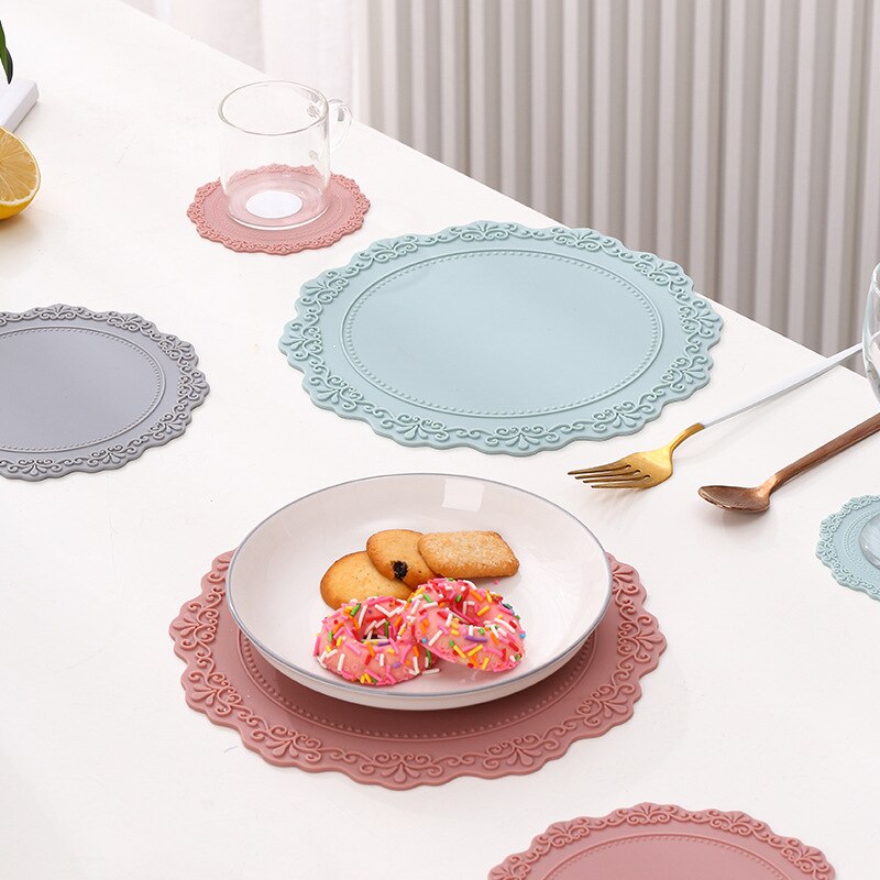 Dining Table Retro Embossed Craft Silicone Placemat European Style Lace Insulation Plate Mat Anti-scald Coaster Table Pads