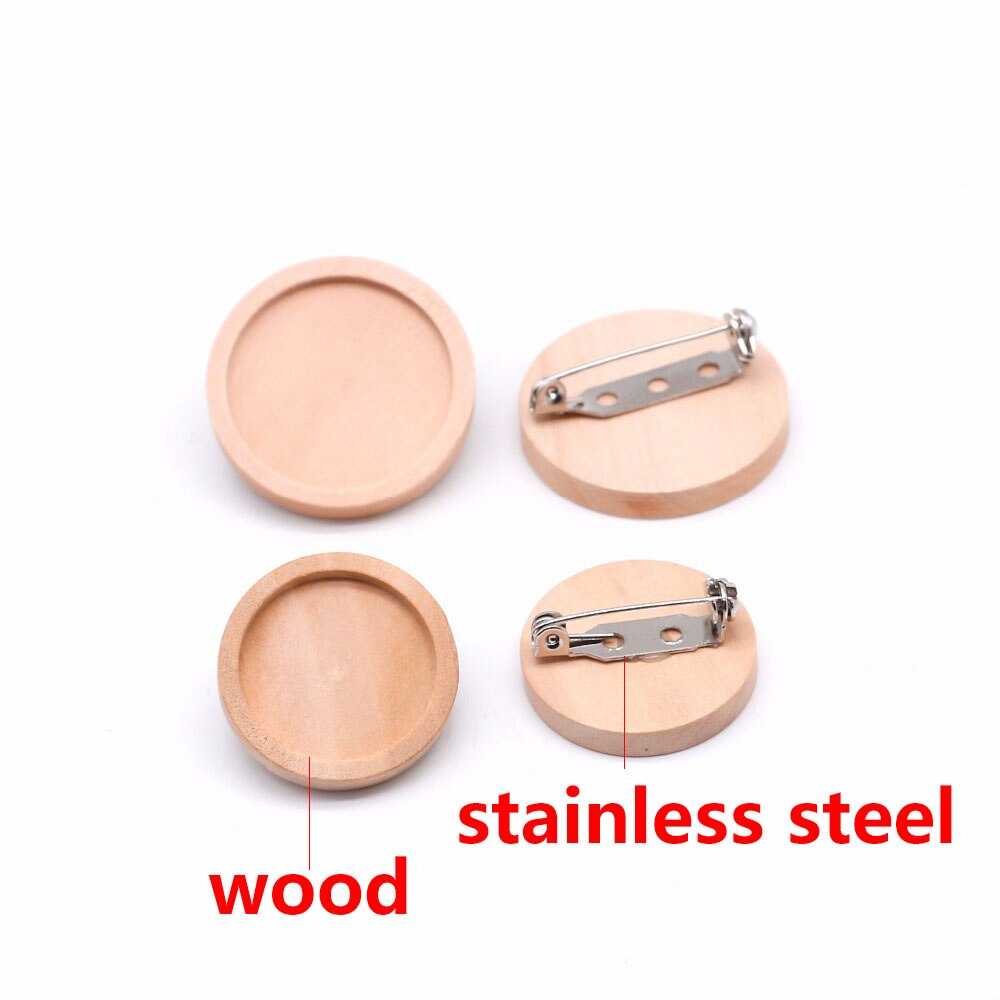 10 unids/lote de broches de cabujón de madera en blanco, ajustes de Base, 20 25 30 40mm de diámetro, bandeja de bisel redondo, broches Diy, respaldos de Pin para fabricación de joyas