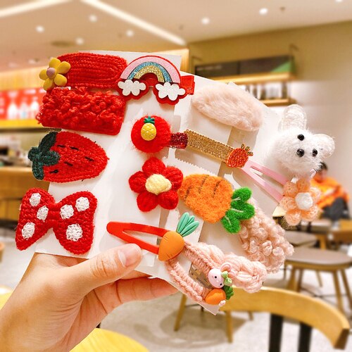 Newest 1set Winter Girls Cartoon Fruit Cashmere Faux Fur Soft Hairpins Sweet Children Hair Clips Kid Hair Accessories: mix-16 Pcs
