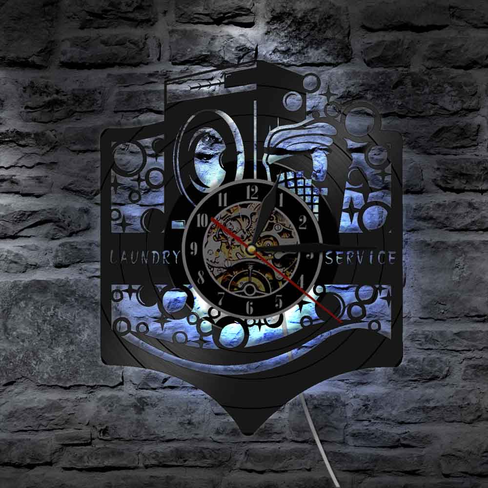 Washing Machine Retro Wall Clock Laundry Room Wall Clock with LED Night Light Wash Clean Clothes Maid Service LED Lamp Bedside