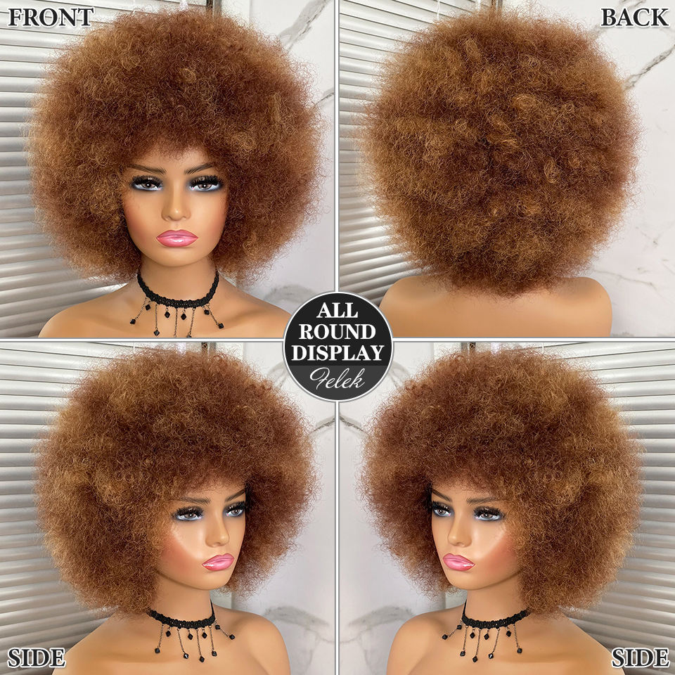 Kort haar Afro Kinky Krullende Pruiken Met Pony Voor Zwarte Vrouwen Afrikaanse Synthetische Ombre Cosplay Natuurlijke Blonde Rood Blauwe Pruik