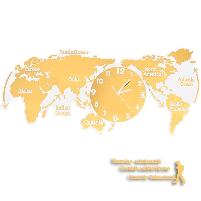 3D World Map Wall Clock Digital Modern Hanging Clock Quiet Acrylic Home Office: Gold