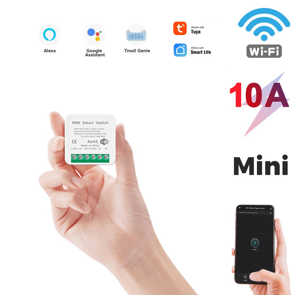 Mini Tuya Wifi DIY interruptor soporta 16/10A 2 Control DE vía Módulo de automatización de domótica trabaja con Alexa Google vida inteligente App