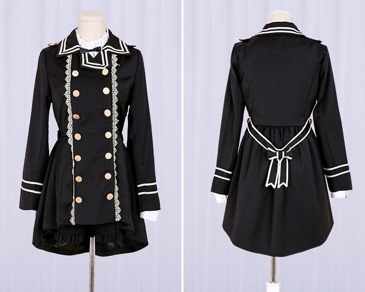 Japansk collegestil vintage dubbelknäppt spets slagslag svala svans trench lolita kappa långärmad skjorta shorts kostym loli cos: Topp-shorts-spetsrock / S