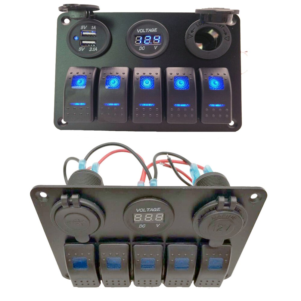 5 Gang Switch Panel Dual USB Wiring Kits DC12V~24V Power Socket Marine Boat Car Switch Panel
