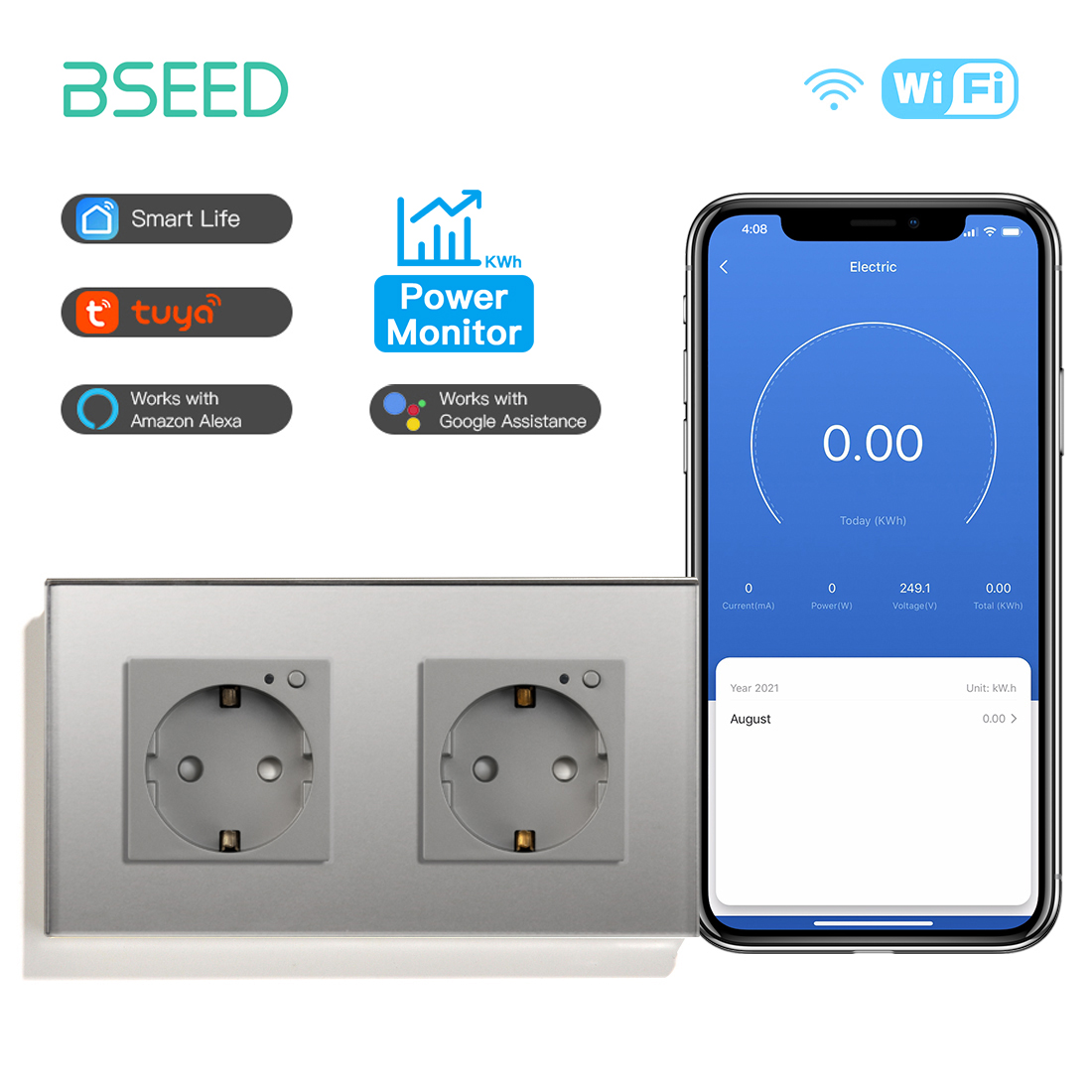 BSEED EU Wall Socket Tuya Smart Socket Wifi Electrical Outlets Power Monitor Google Smart Life Alexa Voice Control Glass Panel: type1