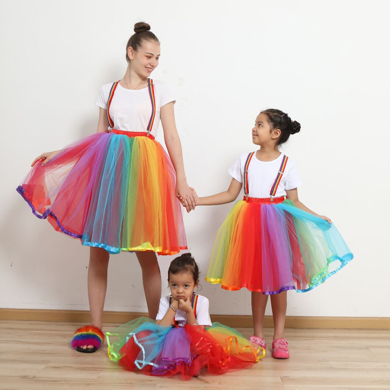 Familie Ouder-kind Meisjes Pak Puff 5 Lagen Tutu Tule Rok Voor Party Dance Kinderen Volwassen Regenboog Bretels gaas Rok
