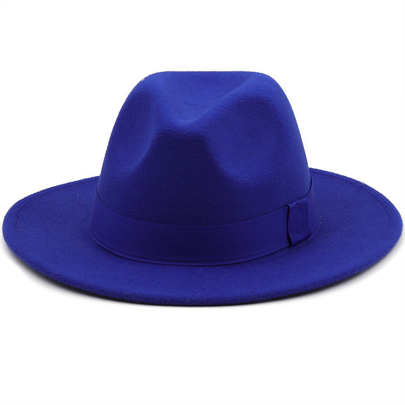 7CM Wide Brim Women Felt Fedora Hats With Bee Ribbon Autumn Winter Wedding Party Trilby Hat Men Gentleman Jazz Hats 54-58CM: XS / Blue