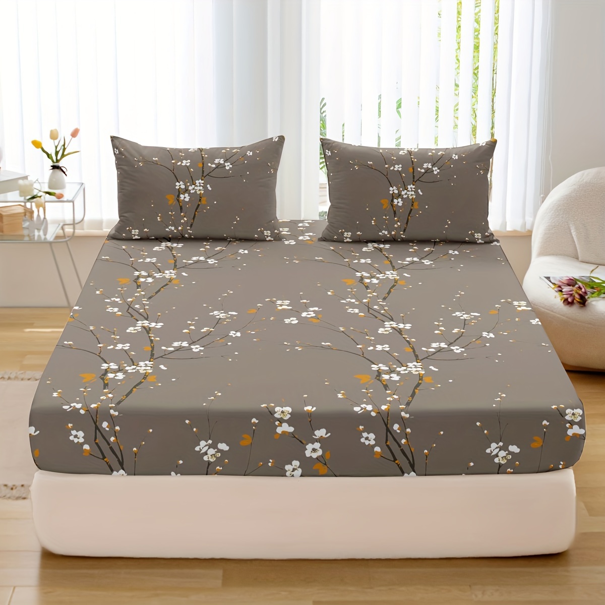 Juego de sábanas ajustadas con estampado de 3 piezas, (1 sábana bajera + 2 fundas de almohada, sin núcleo): Estados Unidos-Twin / Gris oscuro