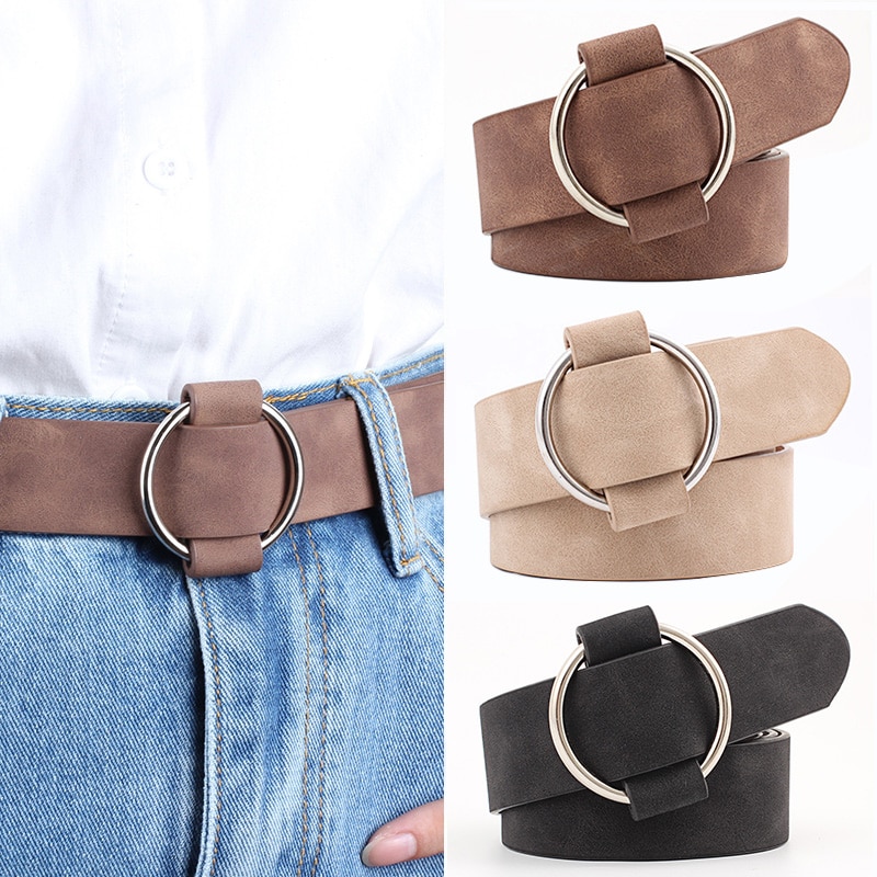 Ceinture en cuir pour femme, boucle ronde en métal, pour loisirs, robe, jeans, sauvage, sans ardillon, ceinture ajustable pour dames