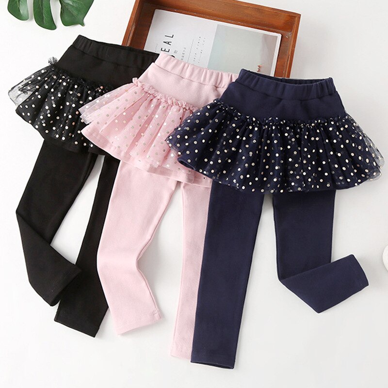 Mallas largas con falda para niña, pantalones pitillo con estampado de lunares, de princesa, para primavera y otoño