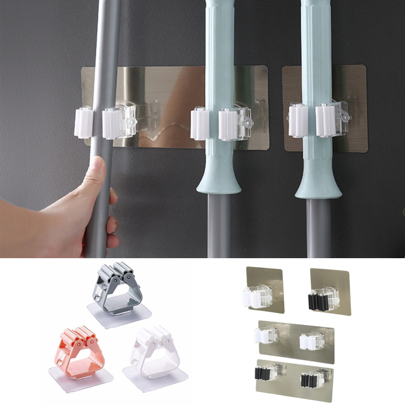 2pcs Kitchen Mop Rack Bathroom Organizer Wall Mounted Shelf Hook Broom Holder Hanger Behind Doors/On Walls Kitchen Storage Tool