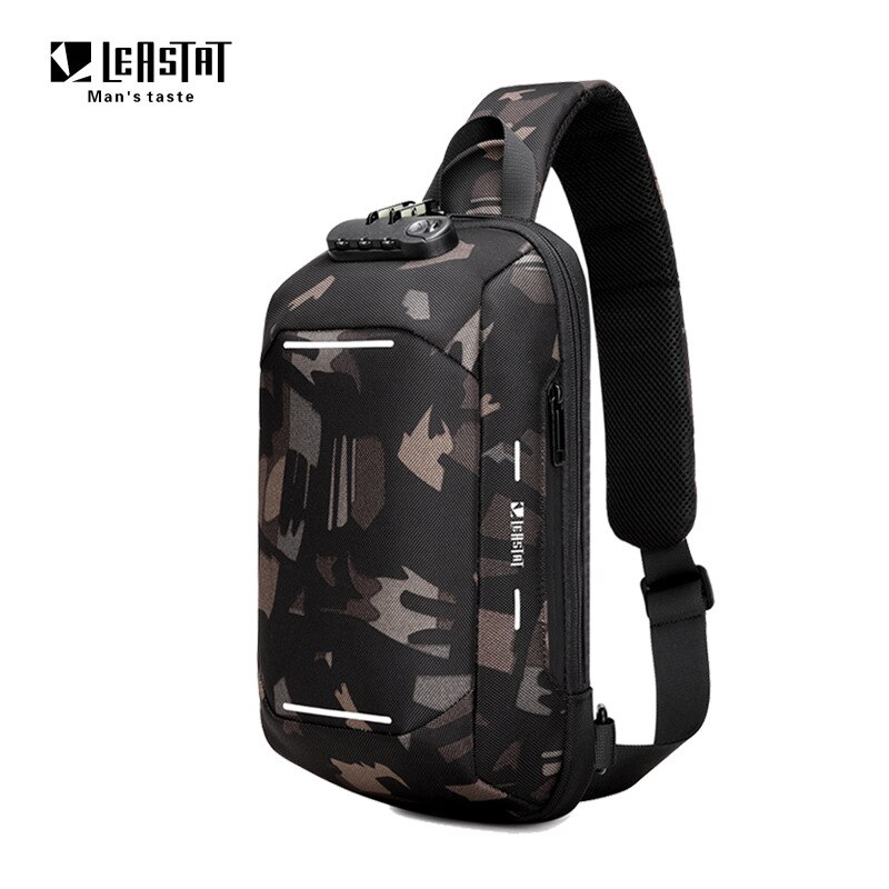 LEASTAT Men's Chest Bag USB Anti-theft Scratch Resistant Shoulder Bag Casual Waterproof Reflective Crossbody Bag