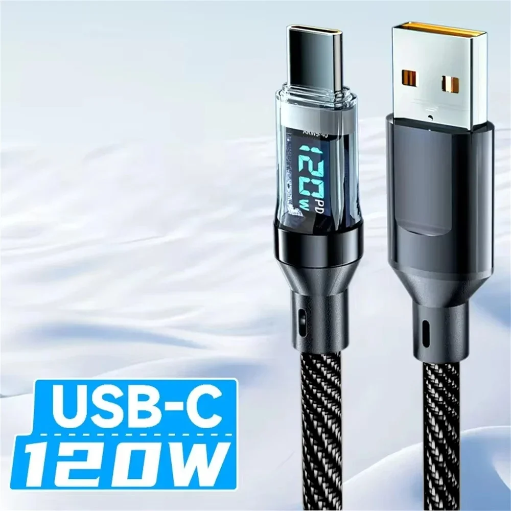 USB C naar Type C 120W 6A snellaadkabel USB naar PD nylon gevlochten draad datakabel met digitaal LED-display QC3.0 USB C-kabel: WIT / 2m