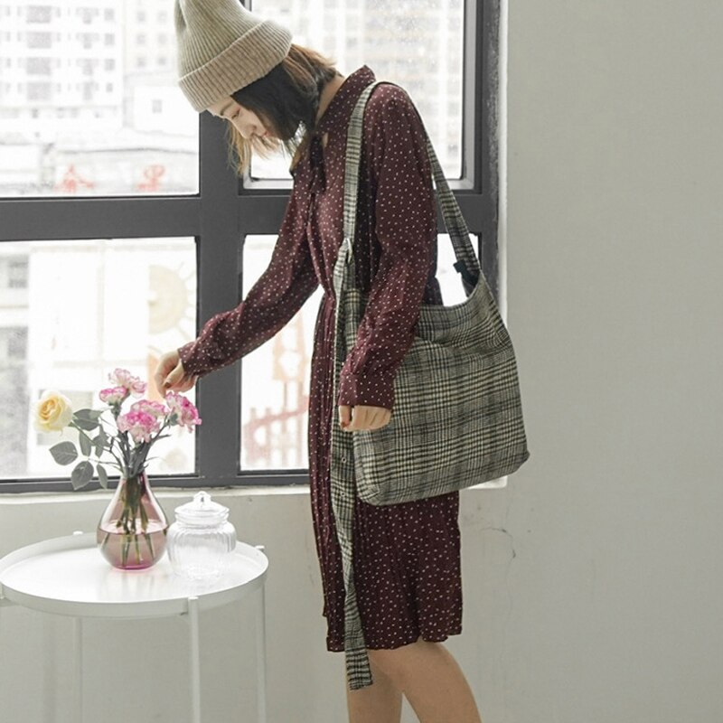 Kvinner tykk ull lerret skulderveske kvinnelig årgang preppy rutete glidelås crossbody vesker jenters butikk kapasitet justerbare vesker