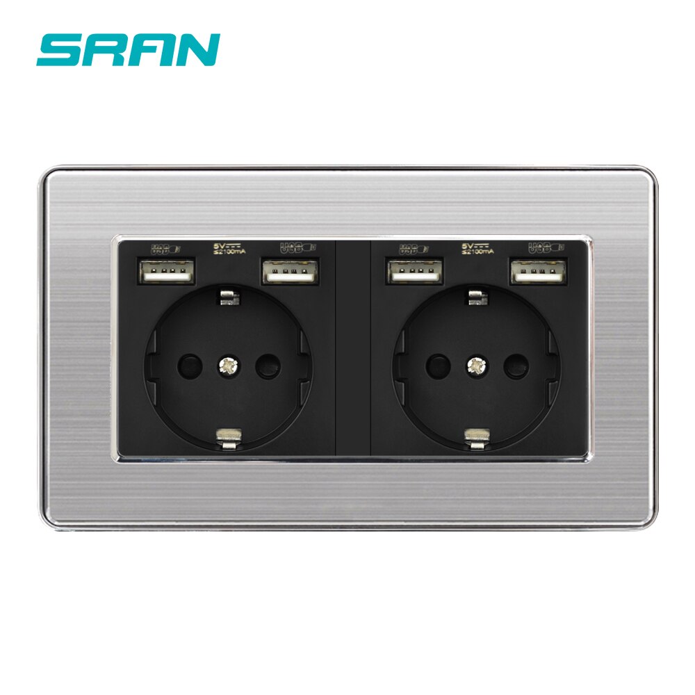 SRAN Wall 16A EU Standard Multi Way power socket with usb outlet strip 146mm*86mm stainless steel panel