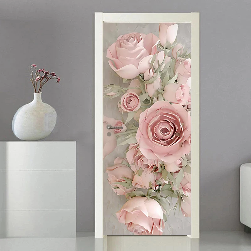 Deursticker Moderne sticker Cover Wallpaper Home Entrance Ornament Entree Decoratie Zelfklevende foto op de koelkast Bloemen: Roze / Overigen