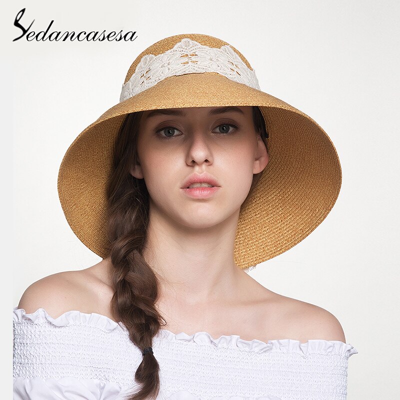 Summer Ladies Summer Straw Hat With Lace Sun Visor Wide Brim Hats For Women SW129002