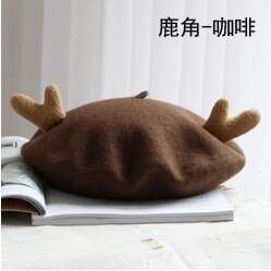 Japanse afdeling complex gubei lei hoed dames herfst en winter zuiver wol mooie gewei kersthoed schildershoed knop baret: Gewei - bruin