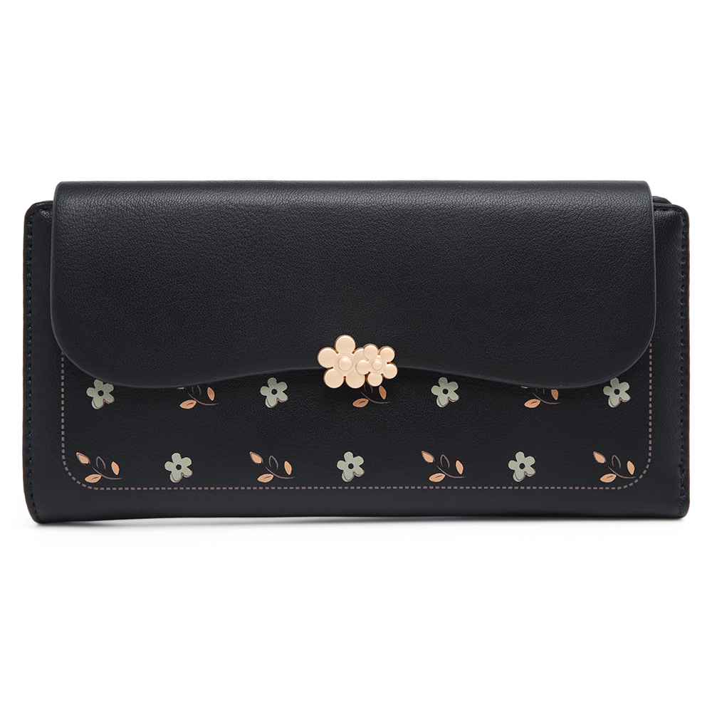 Lange damesportemonnee Koreaans PU-geprinte opvouwbare clutch met ritssluiting en gesp met meerdere kaarten, mode, alles, straat, populair, preppy stude: Black
