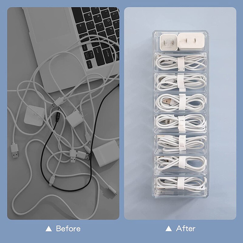 Cable Management Box with Lid and 10 Wire Ties Portable Clear Power Cord Organizer with 8 Compartments Electronics Organizer