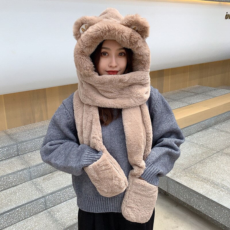 Bear Hat Scarf Big Bear Ear Scarf Hat One Female Winter Cute Plush Scarf Warm Thick Hat: Red