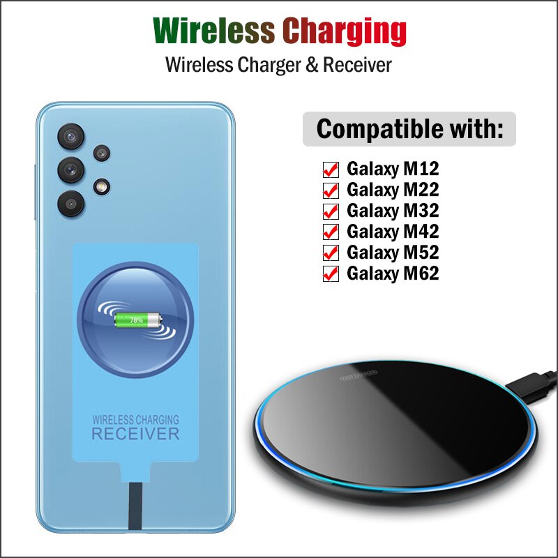 Qi-wireless-ladegerät & -empfänger für samsung galaxy  m12 m22 m32 m42 m52 m62 5g, kabelloser ladeanschluss, usb-typ-c-adapter