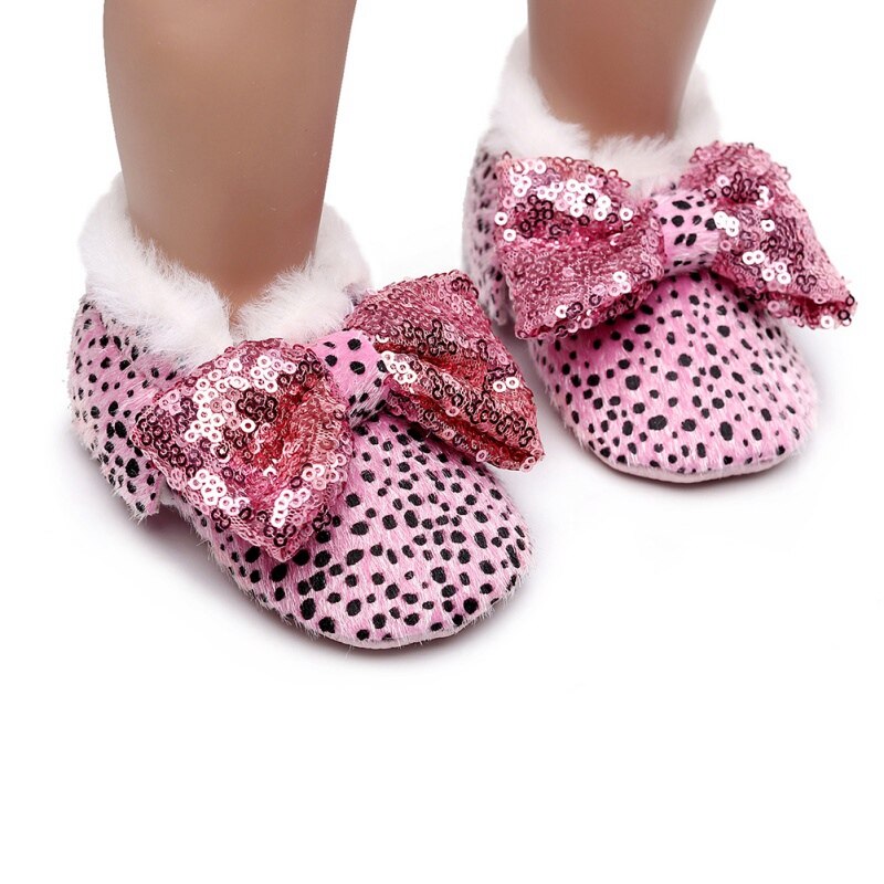 Bonitos zapatos de invierno para niñas de 0 a 24 meses con de leopardo y lazo, zapatos suaves y bonitos para niñas, botas de nieve infantil, zapatos para niños pequeños