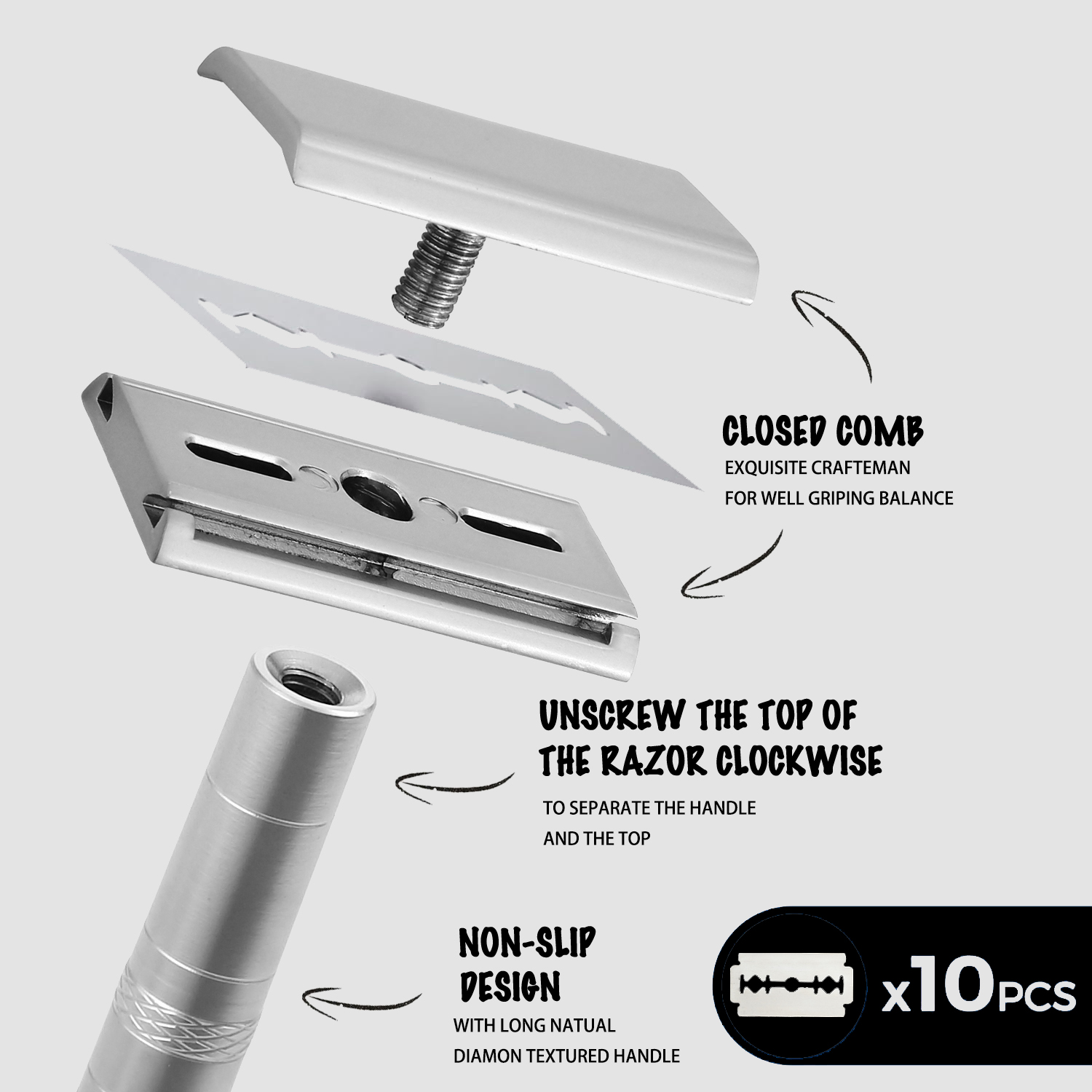 Stainless Steel Double Edge Safety Razor with 5 Spare Blades 30° Angled Precision Reusable Single Blade Razors for Men and Women