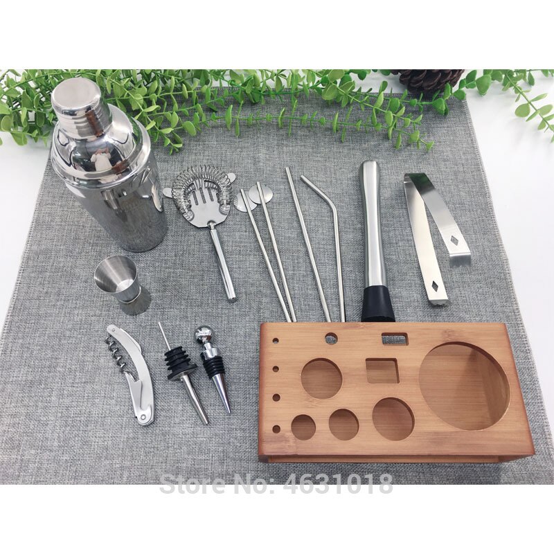 Top Seller Cocktail Set 13 Piece Stainless Steel Cocktail Shaker Set with Bamboo Stand Bartender Kit Home Bar Set