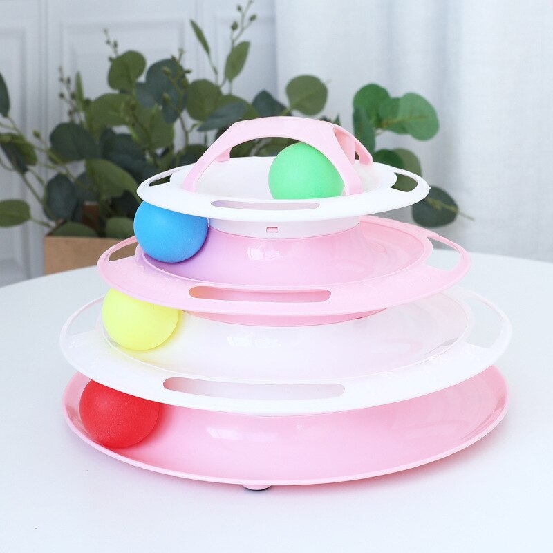 4 Levels Pet Cat Toy Training Amusement Plate Kitten Interacitve Tower Tracks Disc Cat Intelligence Amusement Triple Disc tumble: Pink with White