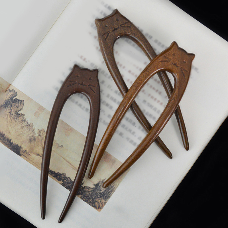 Palillos para el cabello con de gato chino, tenedores para el cabello de madera en forma de U para mujeres y niñas, horquillas Hanfu, tocados, accesorios para el cabello