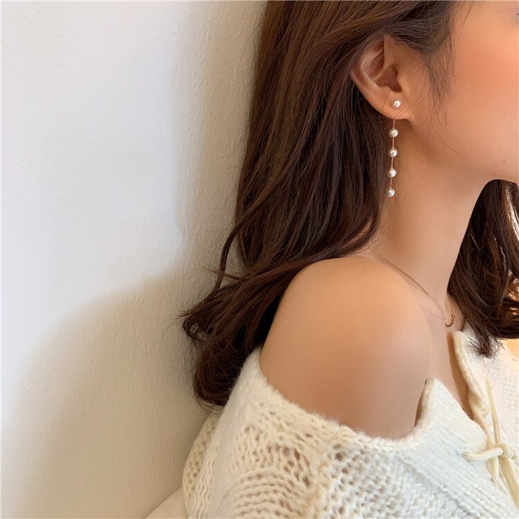 Pendientes largos de perlas de imitación para mujer, pendientes colgantes de perla redonda blanca para boda, joyería de coreana