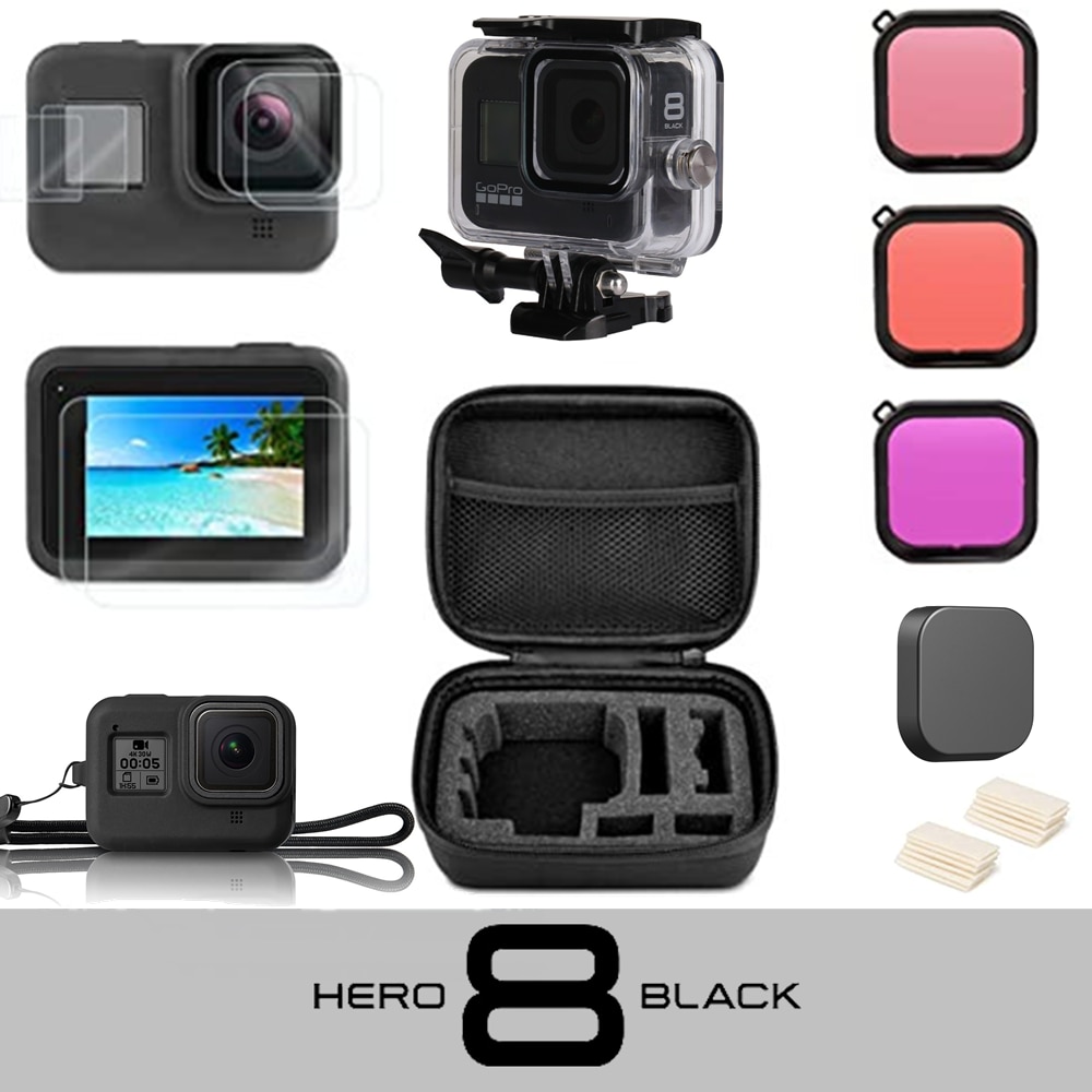For Gopro hero 8 kit EVA case Tempered Glass waterproof Housing case red filter Frame silicone Protector Go pro Accessories Set