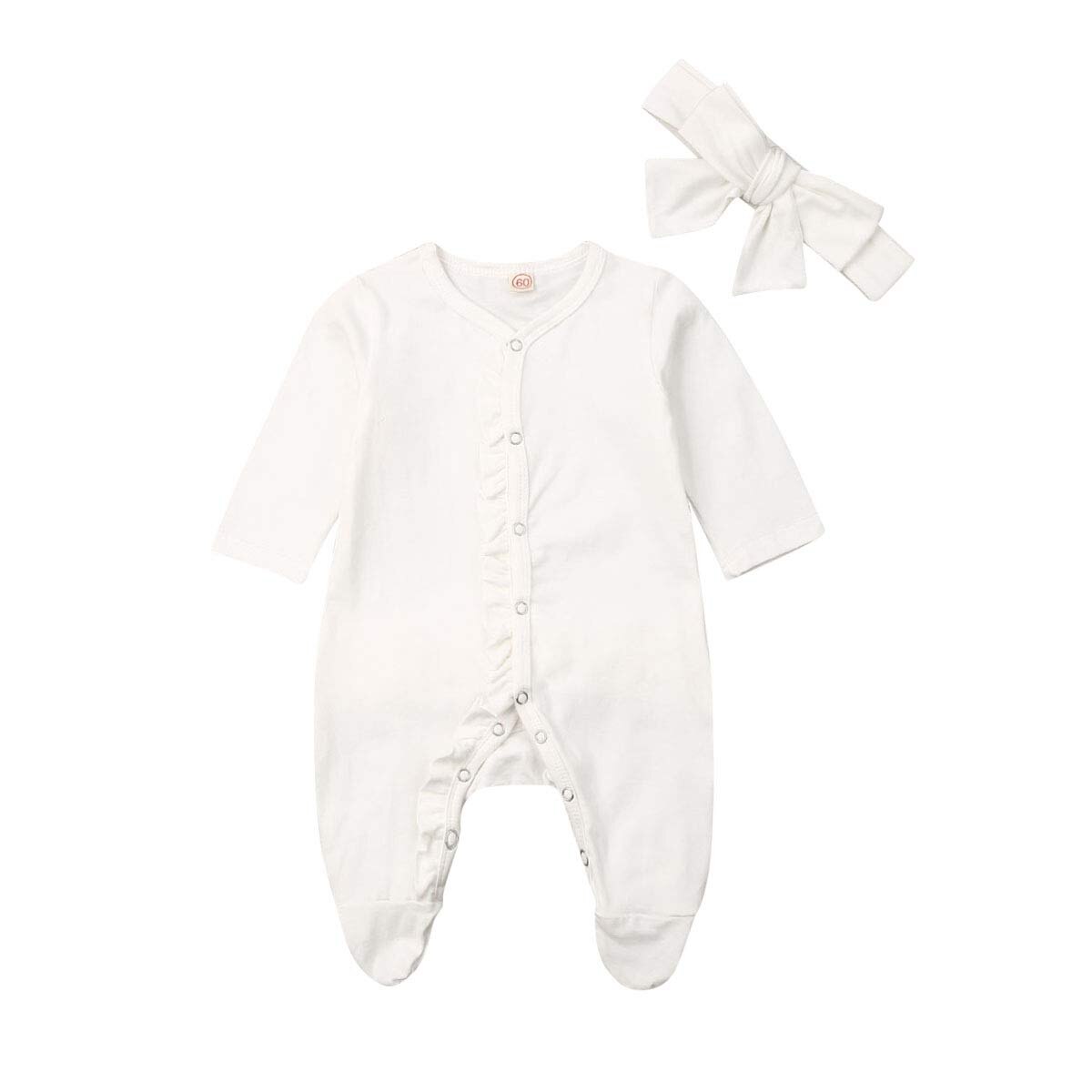 Newborn Baby Boy Girl Autumn Clothes Long Sleeve Romper Headband Sleepwear Pyjamas Babygrows: White / 12M