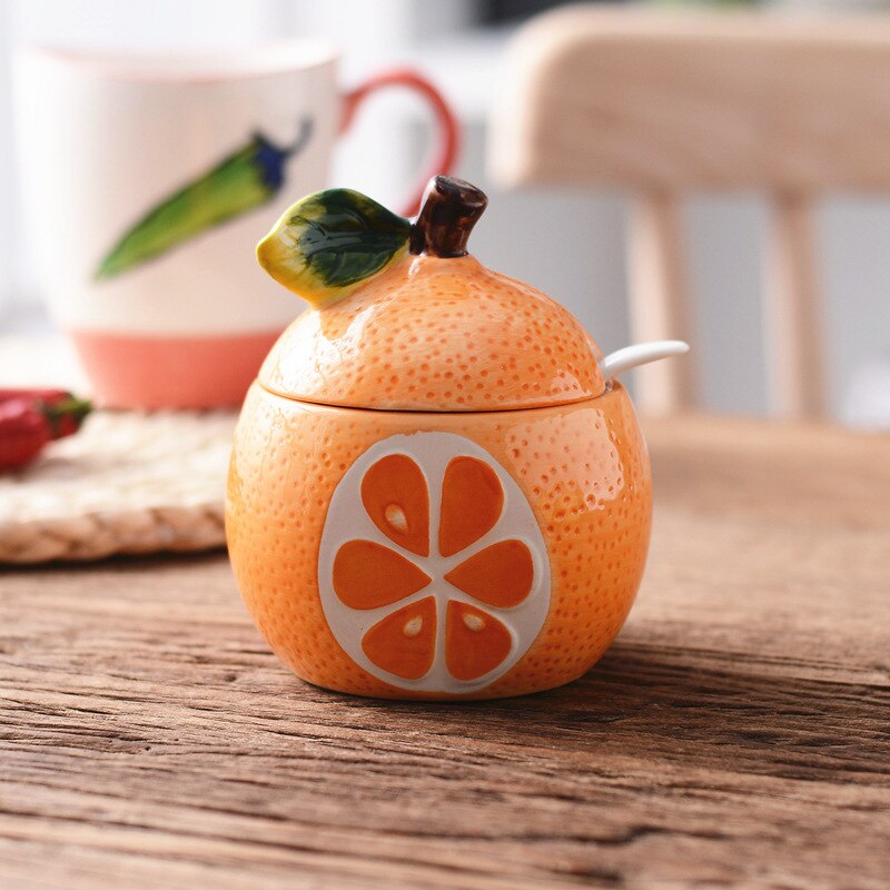 Cute Fruit Pomegranate Shape Condiment Bottle Ceramic Seasoning Bottle Jar with Cover Spoon Flavouring Container: Orange